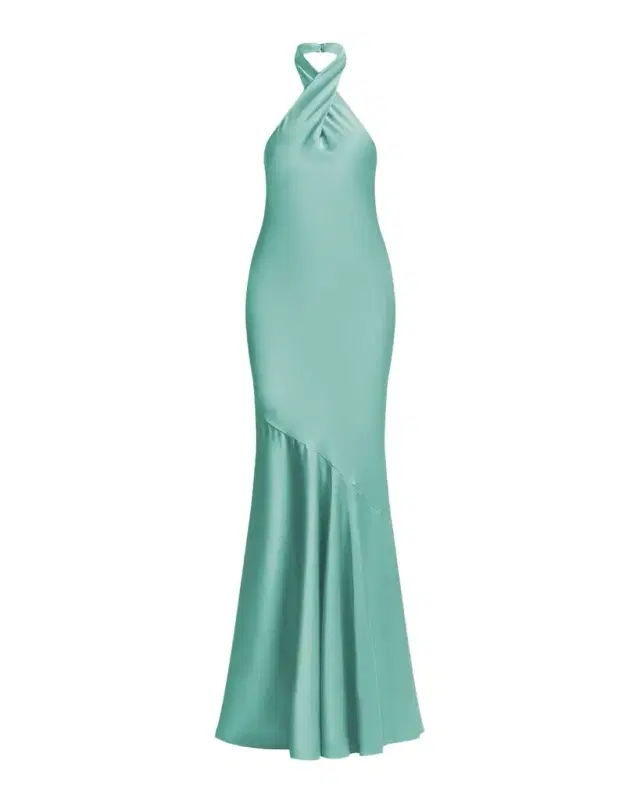 BCBGMAXAZRIA Evelyn Charmeuse Crossover Halter Gown