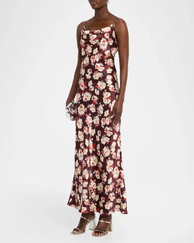 Rabanne Chain Cowl-Neck Floral Satin Maxi Slip Dress | Thumbnail 4