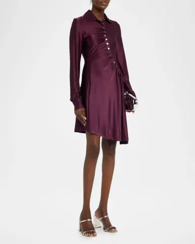 Rabanne Asymmetric Gathered Button Long-Sleeve Shirtdress | Thumbnail 4