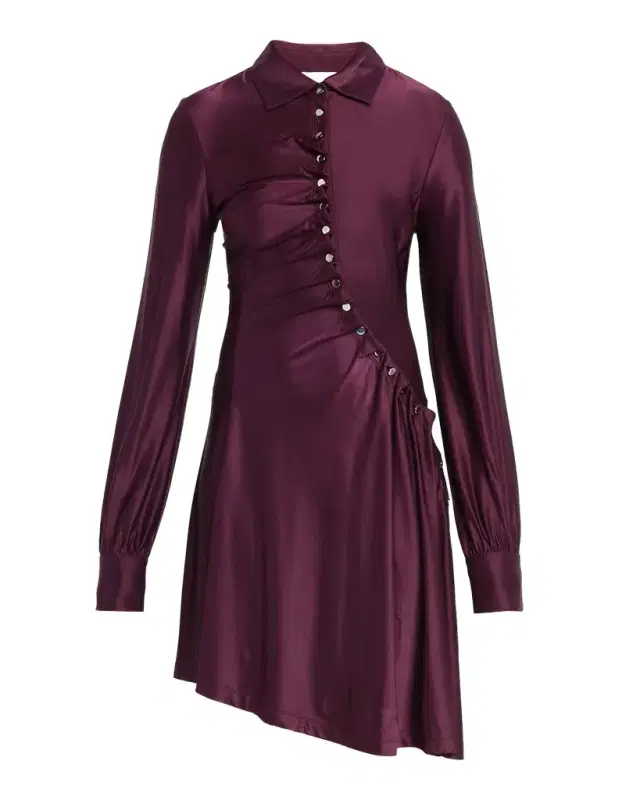 Rabanne Asymmetric Gathered Button Long-Sleeve Shirtdress