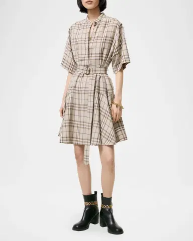 Burberry Short-Sleeve Check Linen-Blend Belted Mini Shirtdress | Thumbnail 2 Burberry Short-Sleeve Check Linen-Blend Belted Mini Shirtdress | Thumbnail 2