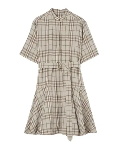 Burberry Short-Sleeve Check Linen-Blend Belted Mini Shirtdress | Thumbnail 1 Burberry Short-Sleeve Check Linen-Blend Belted Mini Shirtdress | Thumbnail 1