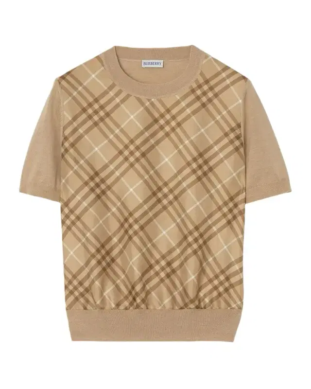 Burberry Short-Sleeve Check Silk Paneled Crewneck Sweater