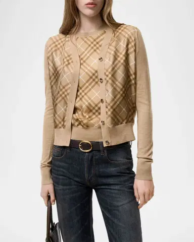 Burberry Check Silk Paneled Crewneck Cardigan | Thumbnail 3