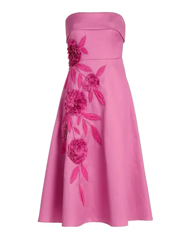 Badgley Mischka Floral Appliqué Strapless Midi Dress