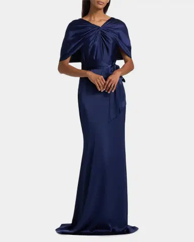 Badgley Mischka Hammered Satin Cape Sleeve Gown | Thumbnail 2 Badgley Mischka Hammered Satin Cape Sleeve Gown | Thumbnail 2