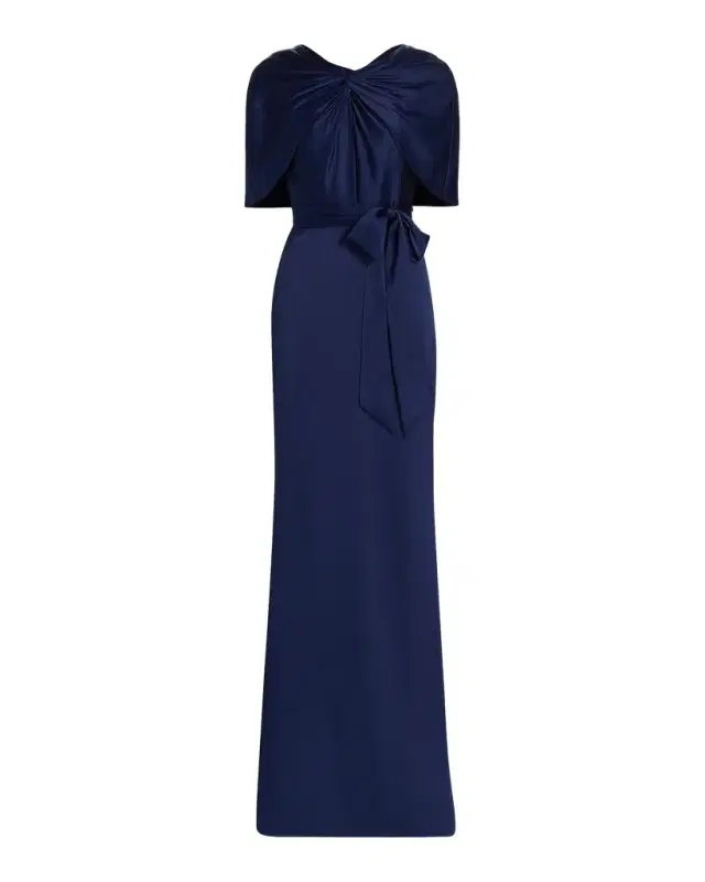 Badgley Mischka Hammered Satin Cape Sleeve Gown
