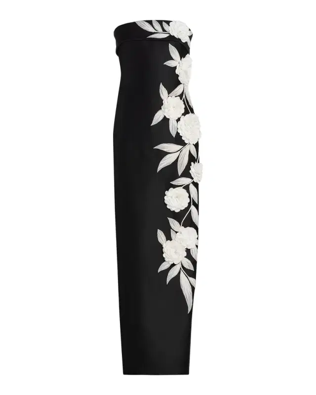Badgley Mischka Floral-Embroidered Stretch Mikado Column Gown