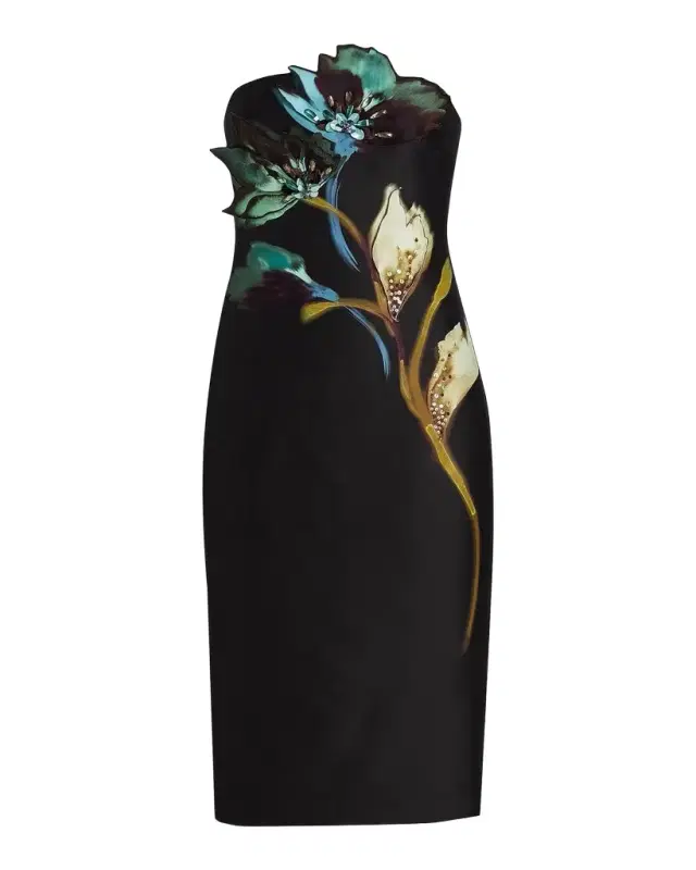 Badgley Mischka Floral Sheath Strapless Midi Dress