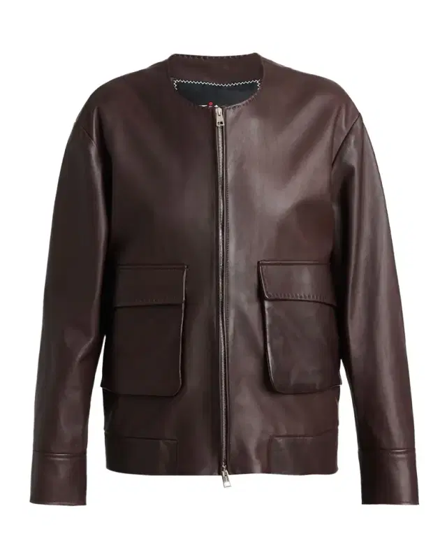 Kiton Collarless Leather Bomber Jacket