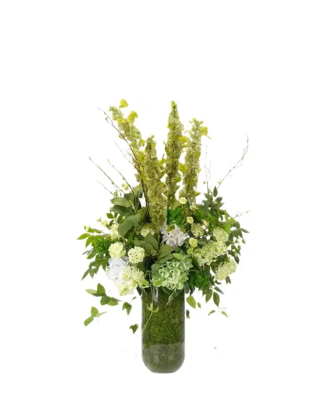 NDI Hydrangeas & Bells of Ireland 16" Faux Floral Arrangement in Moss Glass Vase