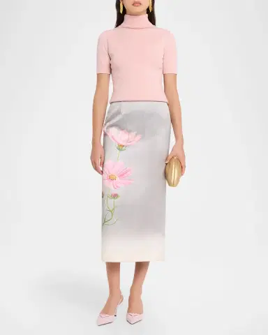 Oscar de la Renta Cosmos Flower-Print Satin Midi Skirt | Thumbnail 2