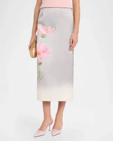 Oscar de la Renta Cosmos Flower-Print Satin Midi Skirt | Thumbnail 4