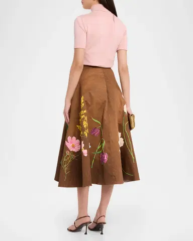 Oscar de la Renta Mixed Botanical Print Cotton Midi Skirt | Thumbnail 3 Oscar de la Renta Mixed Botanical Print Cotton Midi Skirt | Thumbnail 3