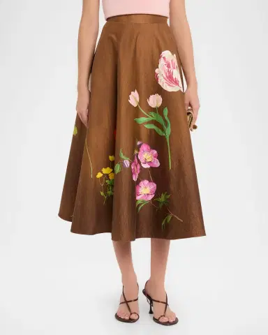 Oscar de la Renta Mixed Botanical Print Cotton Midi Skirt | Thumbnail 4 Oscar de la Renta Mixed Botanical Print Cotton Midi Skirt | Thumbnail 4