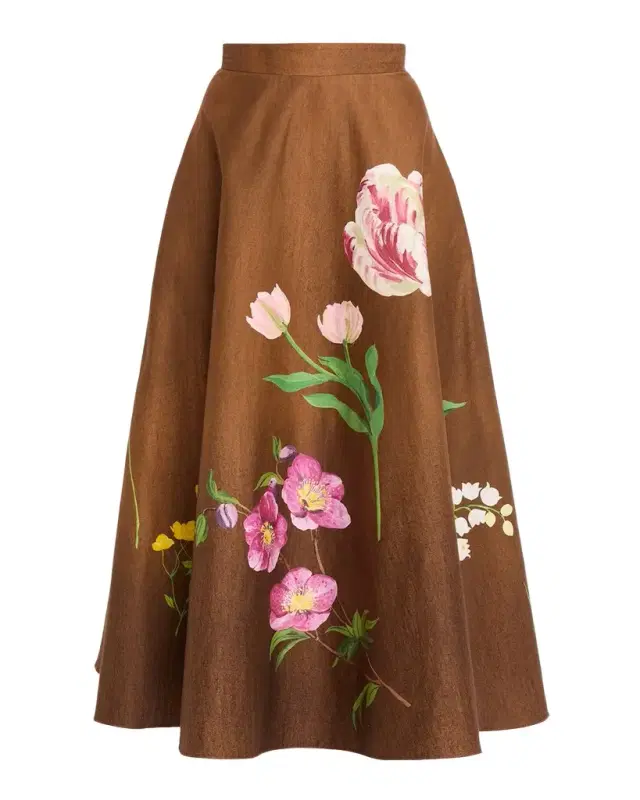 Oscar de la Renta Mixed Botanical Print Cotton Midi Skirt