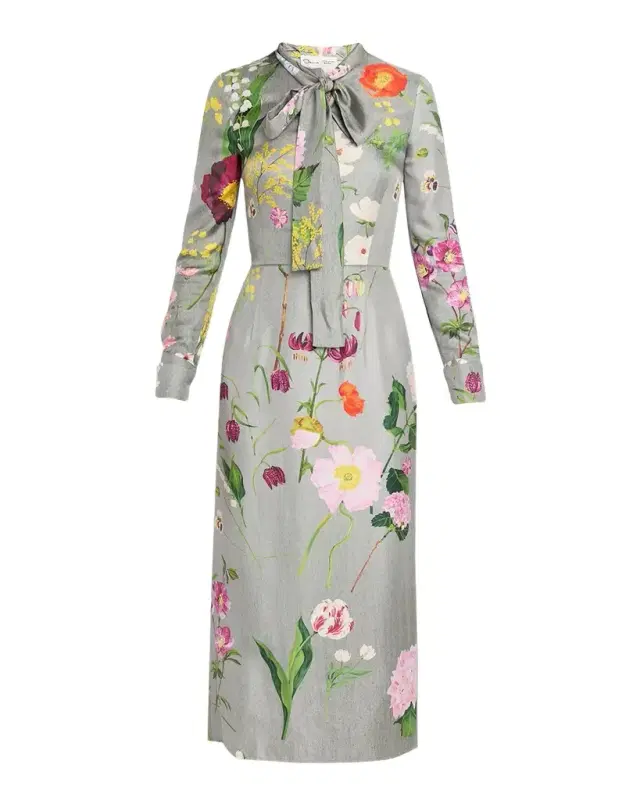 Oscar de la Renta Long-Sleeve Mixed Botanical Silk Scarf-Neck Midi Dress