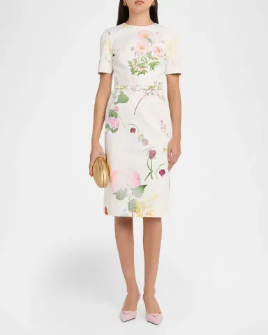 Oscar de la Renta Faded Botanical Short-Sleeve Midi Dress With Belt | Thumbnail 2