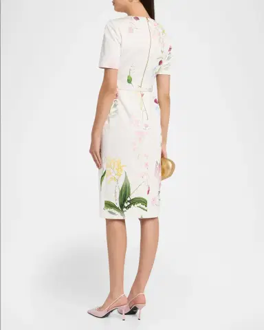 Oscar de la Renta Faded Botanical Short-Sleeve Midi Dress With Belt | Thumbnail 3