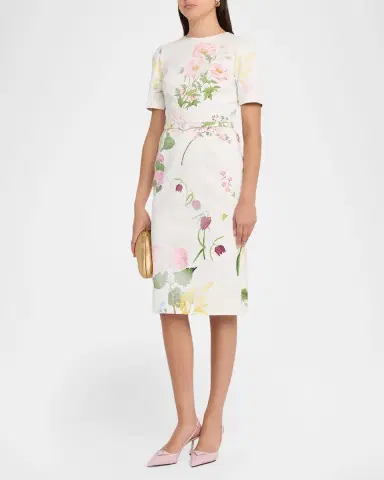 Oscar de la Renta Faded Botanical Short-Sleeve Midi Dress With Belt | Thumbnail 4