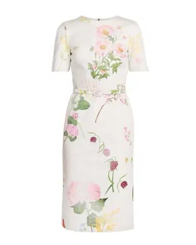 Oscar de la Renta Faded Botanical Short-Sleeve Midi Dress With Belt | Thumbnail 1
