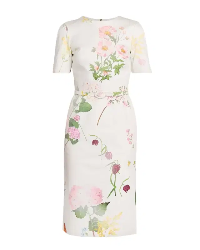 Oscar de la Renta Faded Botanical Short-Sleeve Midi Dress With Belt