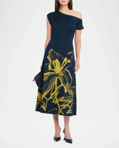 LOVEBIRDS Mavi One-Shoulder Crinkled Floral Midi Dress | Thumbnail 2