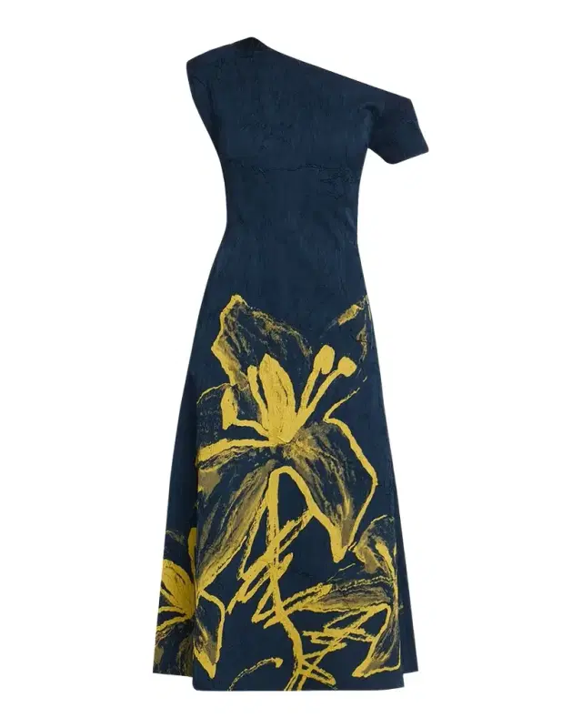 LOVEBIRDS Mavi One-Shoulder Crinkled Floral Midi Dress