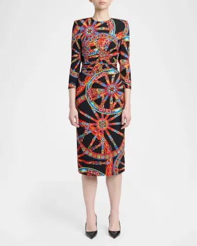 Dolce & Gabbana Carretto-Print Silk 3/4-Sleeve Midi Dress | Thumbnail 2
