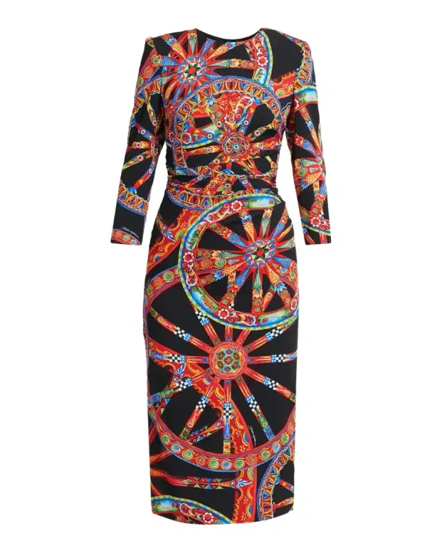 Dolce & Gabbana Carretto-Print Silk 3/4-Sleeve Midi Dress