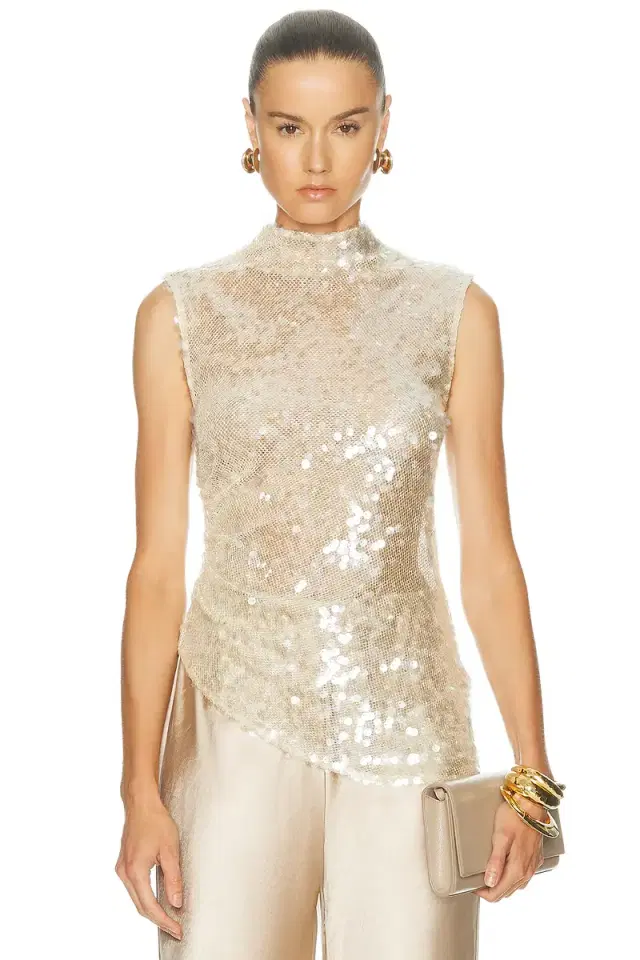 LaPointe Mesh Sequin Mockneck Top
