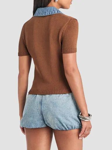 SEROYA Women's Erika Denim-Trim Knit Polo Top - Lakeside Cedarwood - Size Small | Thumbnail 3