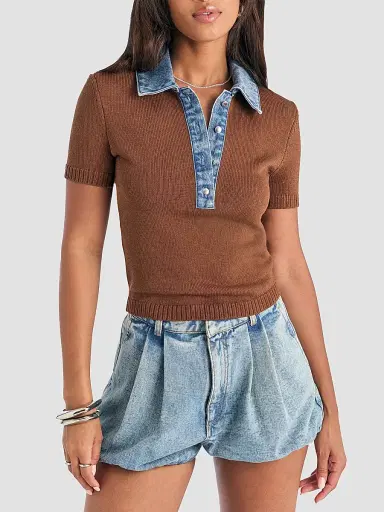 SEROYA Women's Erika Denim-Trim Knit Polo Top - Lakeside Cedarwood - Size Small | Thumbnail 4