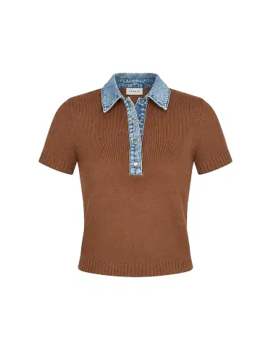 SEROYA Women's Erika Denim-Trim Knit Polo Top - Lakeside Cedarwood - Size Small | Thumbnail 1
