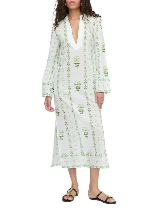 Hill House Home Women's The Sorina Maxi Tunic - White Green Arcadia Border