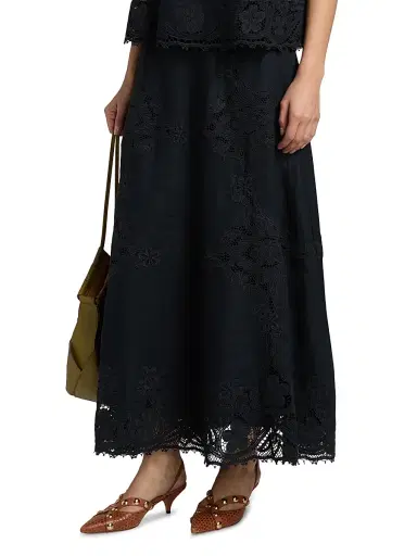 Ulla Johnson Women's Fleur Embroidered Linen Midi Skirt - Noir - Size 6 | Thumbnail 4