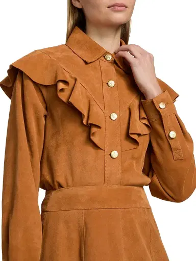 Ulla Johnson Women's Matilde Ruffle Suede Jacket - Cognac - Size Large | Thumbnail 6