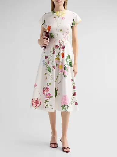 Oscar de la Renta Women's Mixed Botanical Cotton Poplin Midi Dress - White Multi - Size 14 | Thumbnail 2