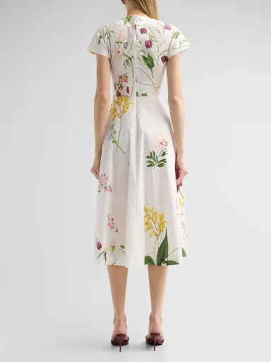 Oscar de la Renta Women's Mixed Botanical Cotton Poplin Midi Dress - White Multi - Size 14 | Thumbnail 3