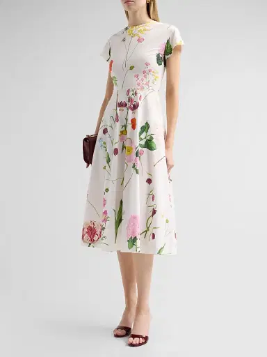 Oscar de la Renta Women's Mixed Botanical Cotton Poplin Midi Dress - White Multi - Size 14 | Thumbnail 4