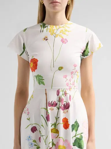 Oscar de la Renta Women's Mixed Botanical Cotton Poplin Midi Dress - White Multi - Size 14 | Thumbnail 5