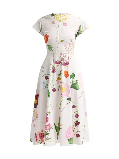 Oscar de la Renta Women's Mixed Botanical Cotton Poplin Midi Dress - White Multi - Size 14 | Thumbnail 1