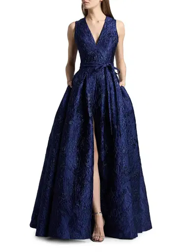 Reem Acra Women's Metallic Brocade Belted Ballgown - Navy - Size 12 | Thumbnail 2 Reem Acra Women's Metallic Brocade Belted Ballgown - Navy - Size 12 | Thumbnail 2
