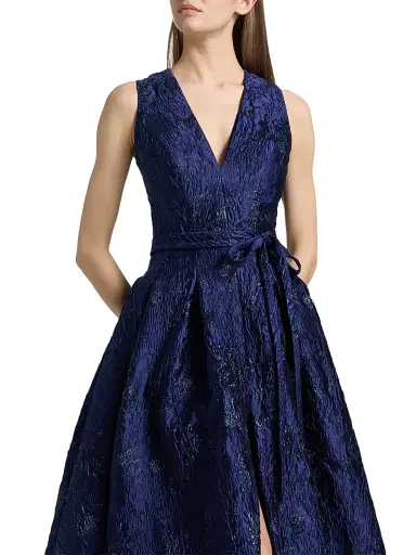 Reem Acra Women's Metallic Brocade Belted Ballgown - Navy - Size 12 | Thumbnail 6 Reem Acra Women's Metallic Brocade Belted Ballgown - Navy - Size 12 | Thumbnail 6