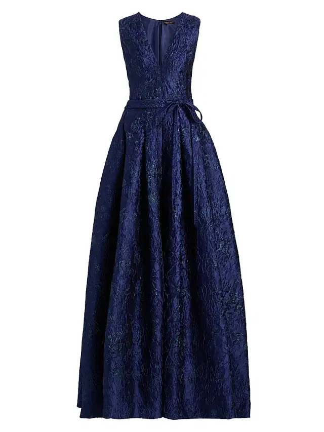 Reem Acra Women's Metallic Brocade Belted Ballgown - Navy