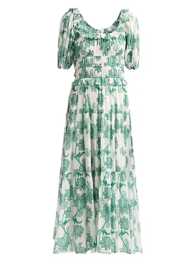 Ro's Garden Women's Percy Floral Cotton Tiered Midi Dress - Green Tropicalia