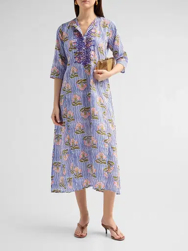 Ro's Garden Women's Kurta Floral Striped Cotton Midi Dress - Blue Moana - Size XS | Thumbnail 2 Ro's Garden Women's Kurta Floral Striped Cotton Midi Dress - Blue Moana - Size XS | Thumbnail 2