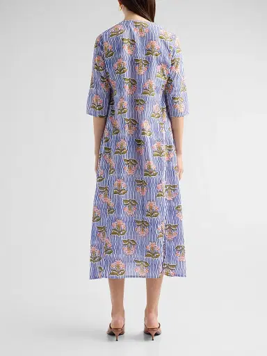 Ro's Garden Women's Kurta Floral Striped Cotton Midi Dress - Blue Moana - Size XS | Thumbnail 3 Ro's Garden Women's Kurta Floral Striped Cotton Midi Dress - Blue Moana - Size XS | Thumbnail 3