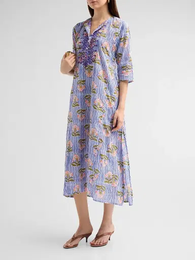 Ro's Garden Women's Kurta Floral Striped Cotton Midi Dress - Blue Moana - Size XS | Thumbnail 4 Ro's Garden Women's Kurta Floral Striped Cotton Midi Dress - Blue Moana - Size XS | Thumbnail 4