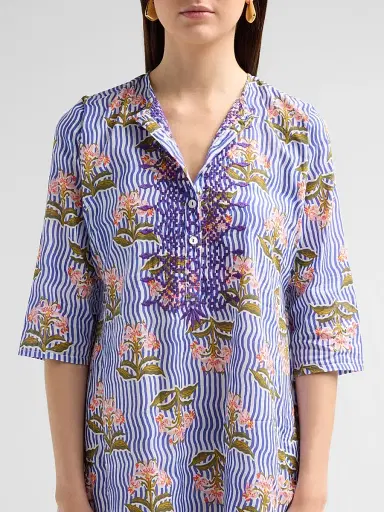 Ro's Garden Women's Kurta Floral Striped Cotton Midi Dress - Blue Moana - Size XS | Thumbnail 5 Ro's Garden Women's Kurta Floral Striped Cotton Midi Dress - Blue Moana - Size XS | Thumbnail 5